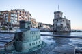 Copy of the castle on the sea of Rapallo, Genoa, Genova, Italy and the original Caslte on blurred background Royalty Free Stock Photo