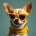portrait dog pet chihuahua glasses puppy animal cute smart background yellow. Generative AI.