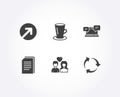 Copy files, Direction and Teacup icons. Internet chat, Couple love and Recycle signs.