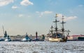 St. Petersburg. Copy of the old Russian battleship `Poltava`. Small Rocket Ships Hurricane and Serpukhov