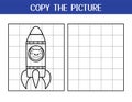 Copy the picture activity page for kids. Draw and color cute frog in a rocket