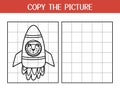 Copy the picture activity page for kids. Draw and color a cute lion in rocket