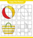 Copy the picture, copy the picture of Beach Bag and Beach Ball using grid lines. Educational children game, printable worksheet, Royalty Free Stock Photo