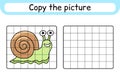 Copy the picture and color snail. Complete the picture. Finish the image. Coloring book. Educational drawing exercise game for