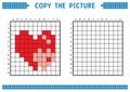 Copy the picture, complete the grid image. Educational worksheets drawing and coloring with squares. Love symbol.