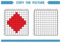 Copy the picture, complete the grid image. Educational worksheets drawing with squares, coloring areas. Red diamond.