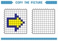 Copy the picture, complete the grid image. Educational worksheets drawing with squares, coloring areas. Right arrow.
