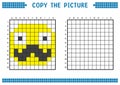 Copy the picture, complete the grid image. Educational worksheets drawing with squares, coloring areas. Face with mustache.