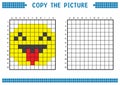 Copy the picture, complete the grid image. Educational worksheets drawing with squares, coloring areas. Face with tongue.