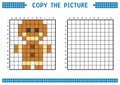 Copy the picture, complete the grid image. Educational worksheets drawing with squares, coloring areas. Gingerbread.