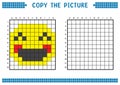 Copy the picture, complete the grid image. Educational worksheets drawing with squares, coloring cell areas. Happy face.