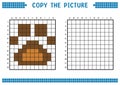 Copy the picture, complete the grid image. Educational worksheets drawing with squares, coloring cell areas. Animal paw.
