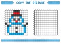 Copy the picture, complete the grid image. Educational worksheets drawing with squares, coloring cell areas. Snowman.