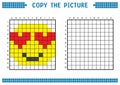 Copy the picture, complete the grid image. Educational worksheets drawing with squares, coloring cell areas. Face in love.