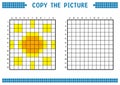 Copy the picture, complete the grid image. Educational worksheets drawing with squares, coloring cell areas. Sun symbol.