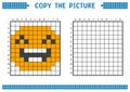 Copy the picture, complete the grid image. Educational worksheets drawing with squares, coloring cell areas. Laughing face.