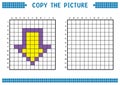 Copy the picture, complete the grid image. Educational worksheets drawing with squares, coloring cell areas. Down arrow.