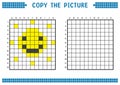 Copy the picture, complete the grid image. Educational worksheets drawing with squares, coloring cell areas. Sun.