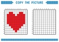 Copy the picture, complete the grid image. Educational worksheets drawing with squares, coloring cell areas. Red heart.