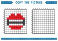 Copy the picture, complete the grid image. Educational worksheets drawing with squares, coloring cell areas. Lips and teeth.