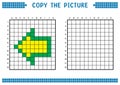 Copy the picture, complete the grid image. Educational worksheets drawing with squares, coloring cell areas. Left arrow.