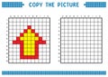 Copy the picture, complete the grid image. Educational worksheets drawing with squares, coloring cell areas. Up arrow.