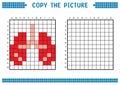 Copy the picture, complete the grid image. Educational worksheets drawing with squares, coloring cell areas. Lung organ.