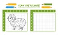 Copy picture cute sheep in cells education children game. Drawing and color lamb. Kid coloring page. Ewe animal hand draw. Vector