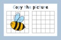 Copy the picture. Educational game for children. Cute bee, wasp. Drawing activity for kids. Colorful vector illustration