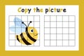 Copy the picture. Educational game for children. Cute bee, wasp. Drawing activity for kids. Colorful vector illustration