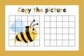 Copy the picture. Educational game for children. Cute bee, wasp. Drawing activity for kids. Colorful vector illustration