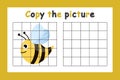 Copy the picture. Educational game for children. Cute bee, wasp. Drawing activity for kids. Colorful vector illustration