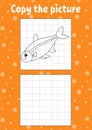 Copy the picture. Fish. Coloring book pages for kids. Education developing worksheet. Game for children. Handwriting practice.