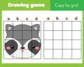 Copy picture by grid. Educational game for children and kids. Animals theme, cute raccoon face