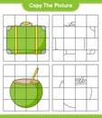 Copy the picture, copy the picture of Luggage and Coconut using grid lines. Educational children game, printable worksheet, vector