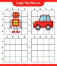 Copy the picture, copy the picture of Robot Character and Car using grid lines. Educational children game, printable worksheet,