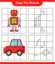Copy the picture, copy the picture of Robot Character and Car using grid lines. Educational children game, printable worksheet,
