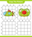Copy the picture, copy the picture of Submarine and Pacifier using grid lines. Educational children game, printable worksheet,