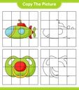 Copy the picture, copy the picture of Submarine and Pacifier using grid lines. Educational children game, printable worksheet,