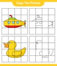 Copy the picture, copy the picture of Submarine and Rubber Duck using grid lines. Educational children game, printable worksheet,