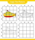 Copy the picture, copy the picture of Submarine using grid lines. Educational children game, printable worksheet, vector