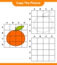 Copy the picture, copy the picture of Tangerin using grid lines. Educational children game, printable worksheet, vector