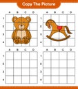 Copy the picture, copy the picture of Teddy Bear and Rocking Horse using grid lines. Educational children game, printable Royalty Free Stock Photo