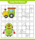 Copy the picture, copy the picture of Train and Robot Character using grid lines. Educational children game, printable worksheet,