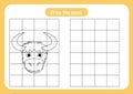 Copy the picture of yak head - use the grid and example. Educational game for children. Handwriting and drawing practice. Nature Royalty Free Stock Photo