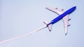 Copy space Airplane in flight on a blue background, model passenger plane