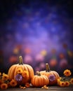 Copy space, banner, template. Floral Thanksgiving arrangement with pumpkin on blurry background.