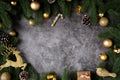 Copy space on Christmas frame background with gold christmas decorations  on wooden board Royalty Free Stock Photo