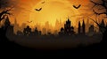 copy space, City panorama in halloween style. Scary halloween isolated background. Orange and yellow background.
