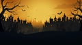 copy space, City panorama in halloween style. Scary halloween isolated background. Orange and yellow background